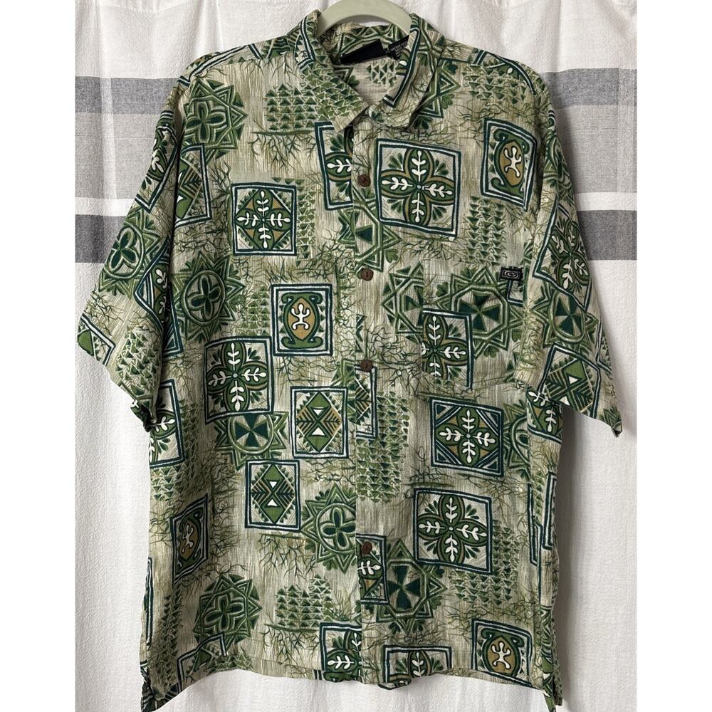 Vintage Gotcha Shirt Men’s Large 90s Hawaiian Print Tiki Green *Missing Button*